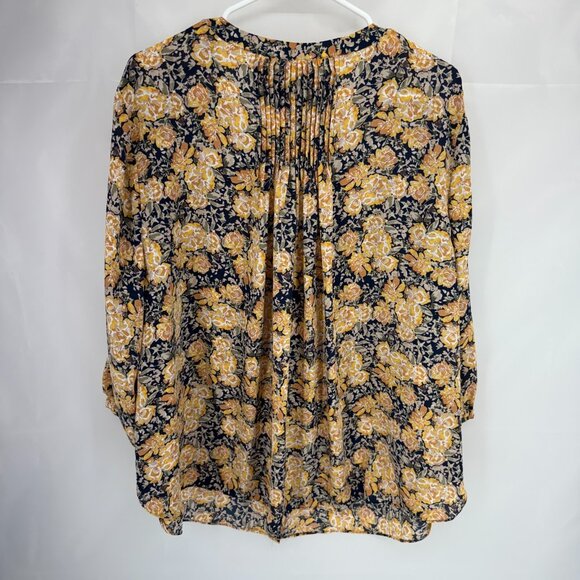 NYDJ Women 1X Floral Top Blouse Lightweight Blue Gold 3/4 Sleeve Flowy Shirt - Picture 3 of 9